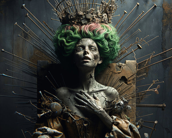 Surreal Figure on Throne with Vintage Dress and Spikes