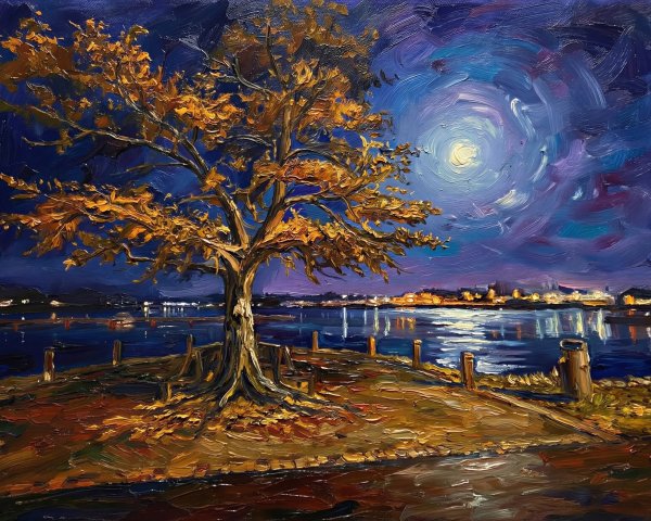 Solitary tree by serene waterfront at night