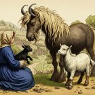 Woman with goats and horse in rural landscape