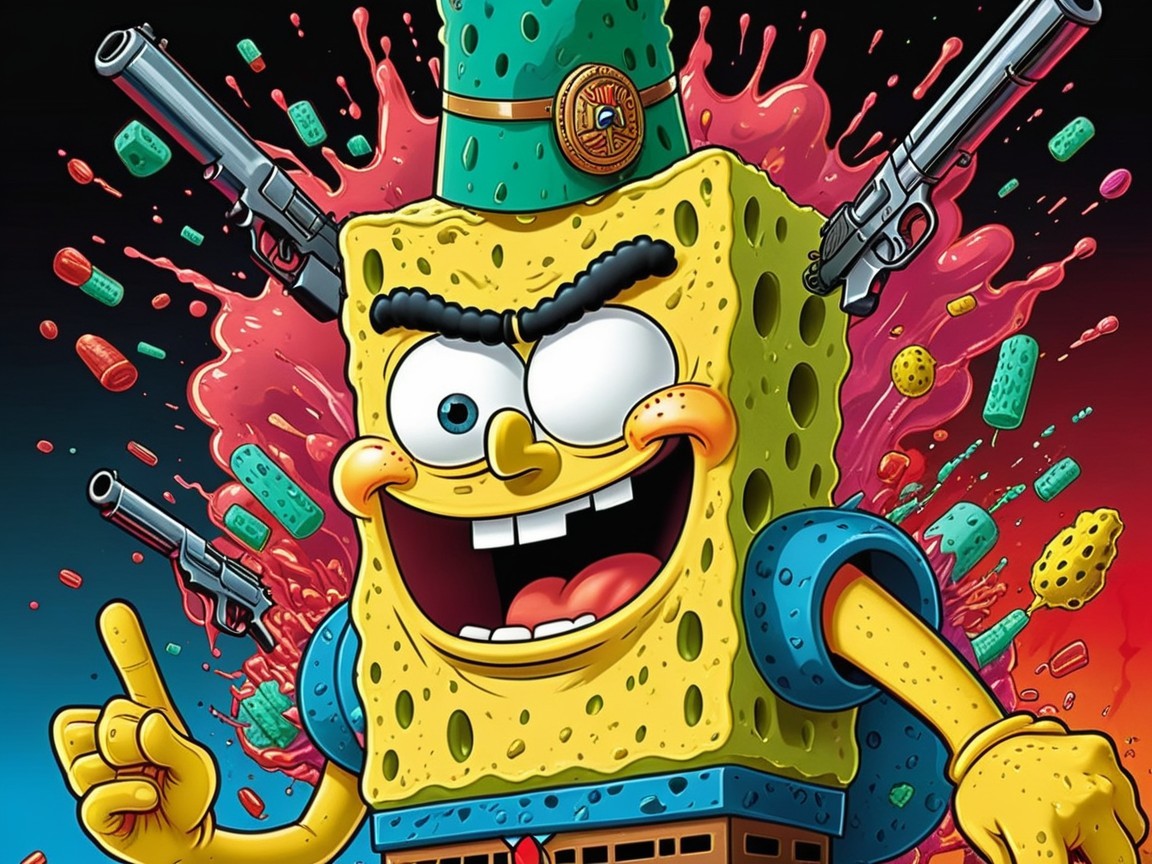 Cartoon Character with Colorful Splashes and Humor