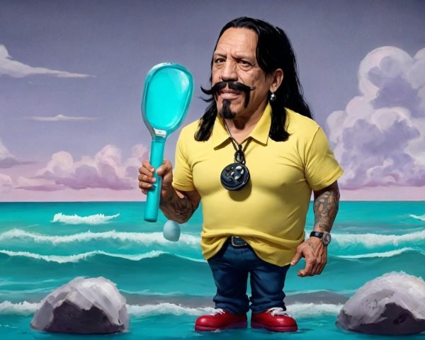 Oversized Character on Beach with Turquoise Paddle