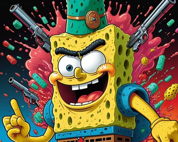 Cartoon Character with Colorful Splashes and Humor