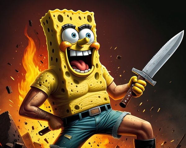 Cartoon Character in Fiery Chaos with Large Knife