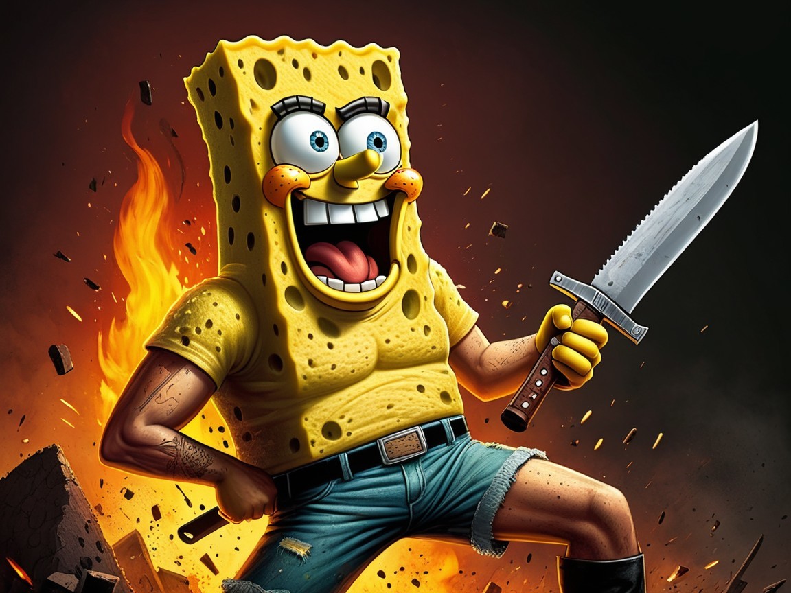 Cartoon Character in Fiery Chaos with Large Knife