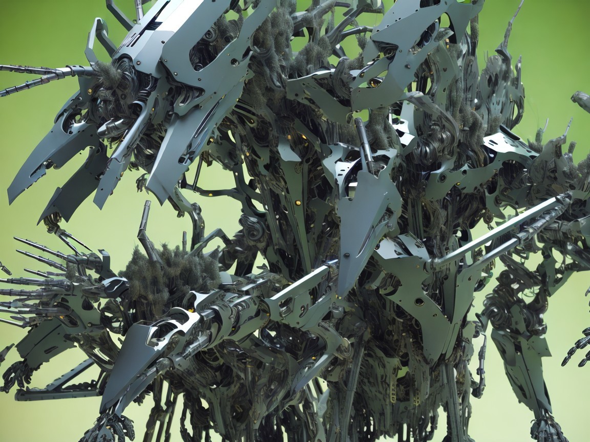 Mechanical Creature with Multiple Beaked Heads in Sci-Fi Art