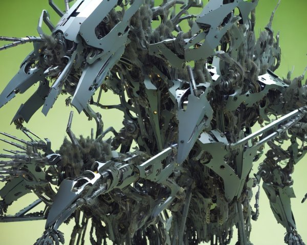 Mechanical Creature with Multiple Beaked Heads in Sci-Fi Art