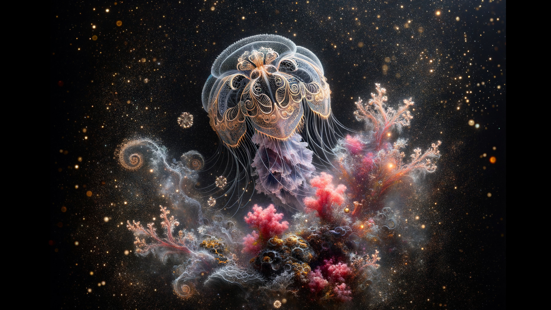 Luminous Jellyfish in a Cosmic Underwater Scene