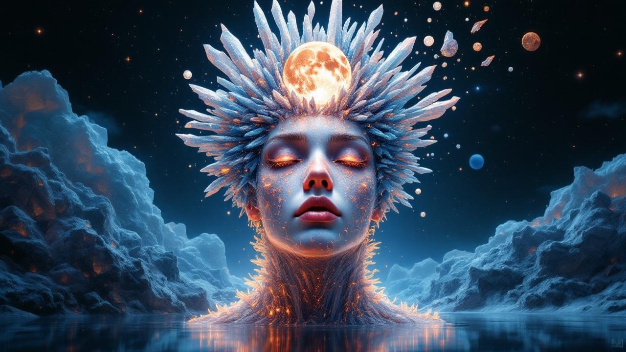 Serene Female Figure with Crystal Crown and Moonlight