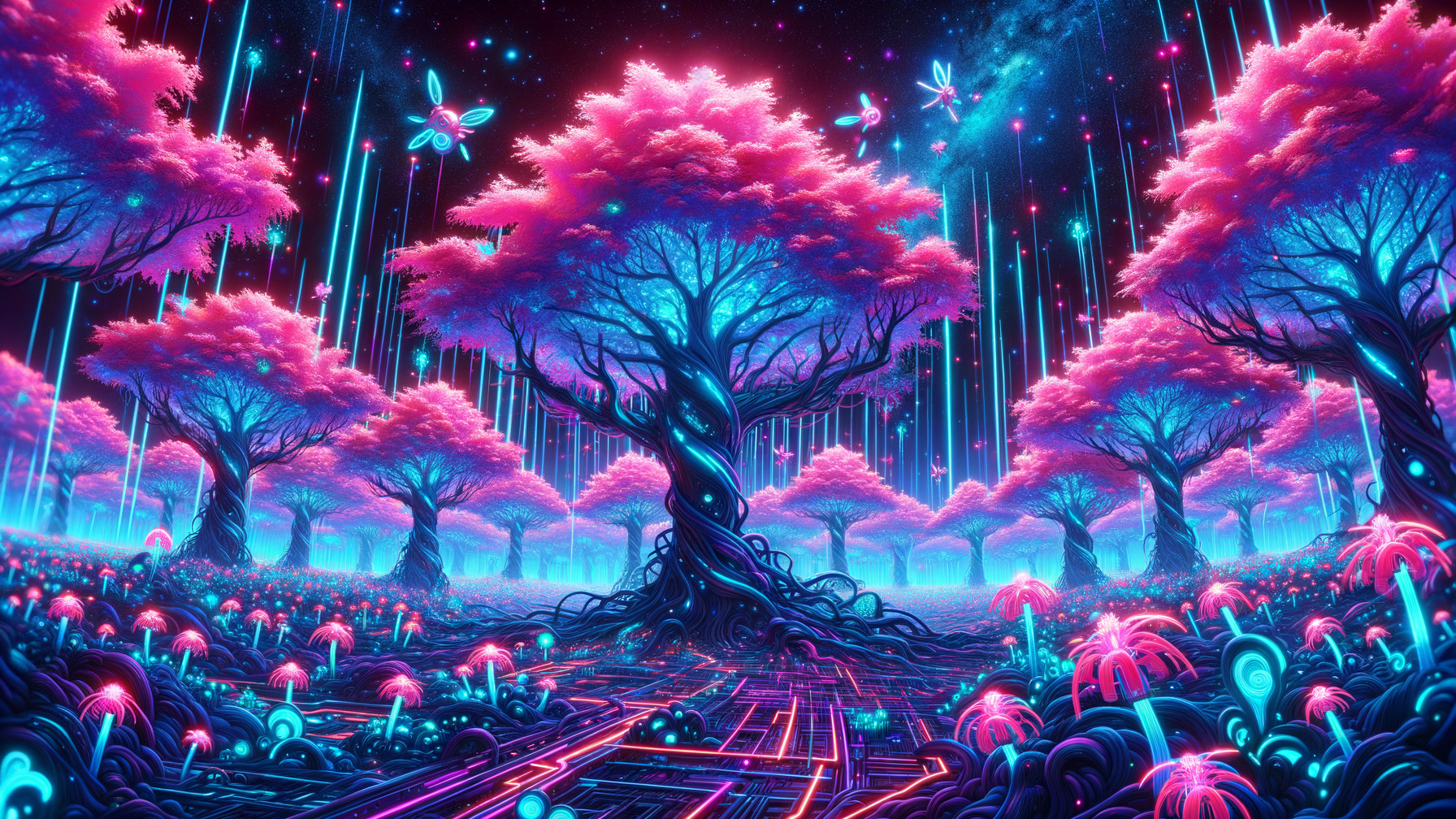 Neon-Hued Landscape with Glowing Flora and Starry Sky