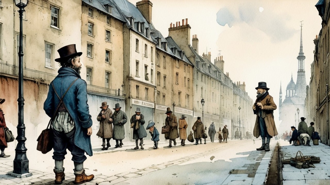 Historical street scene with cobblestone paths and buildings