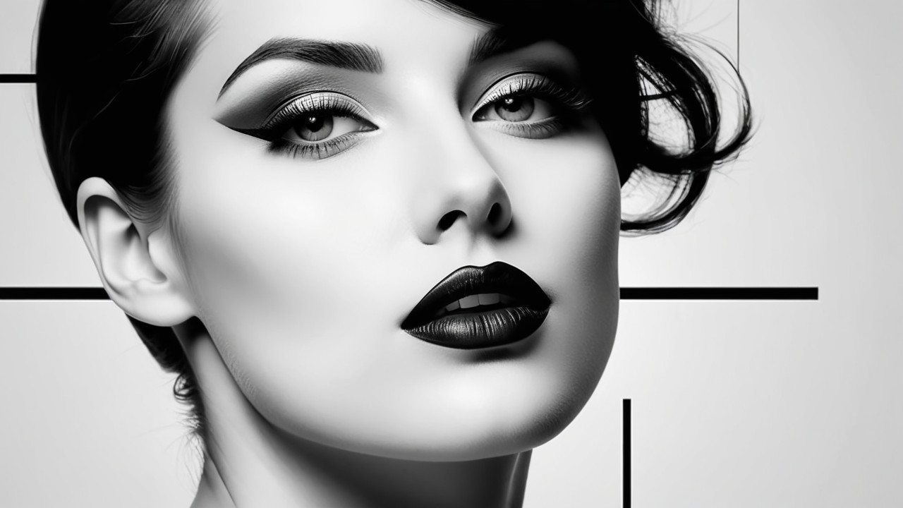 Black and white portrait of a woman with bold makeup