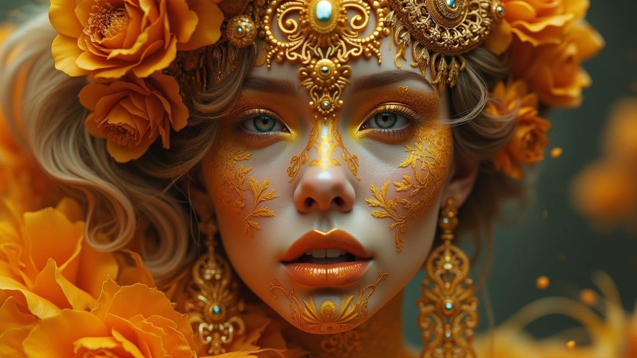Portrait of a woman with orange flowers and golden jewelry