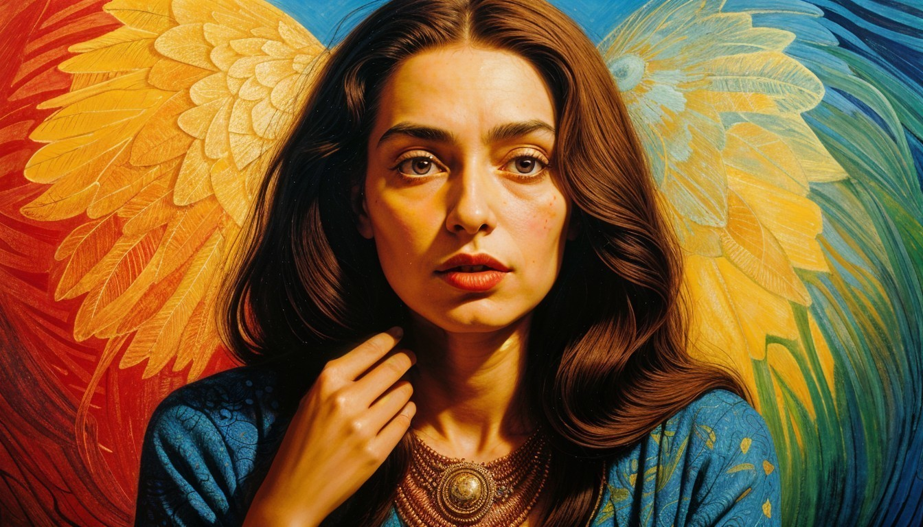 Portrait of a woman with colorful wings backdrop