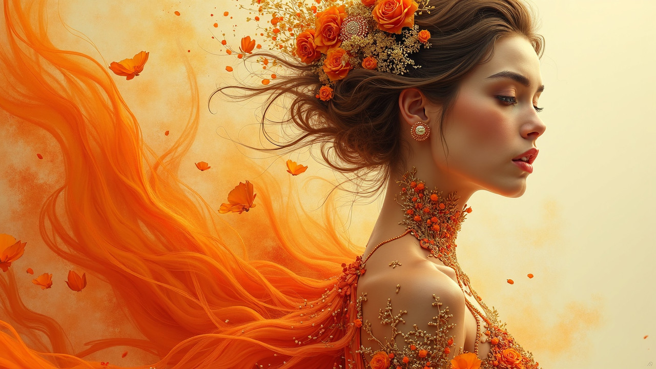 Woman with Orange Hair, Flowers, and Butterflies