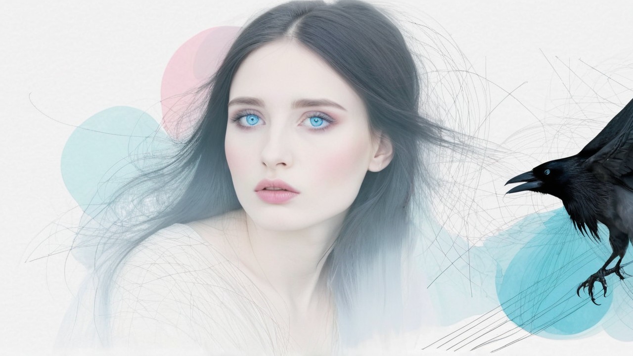 Portrait of a Young Woman with Blue Eyes and Raven
