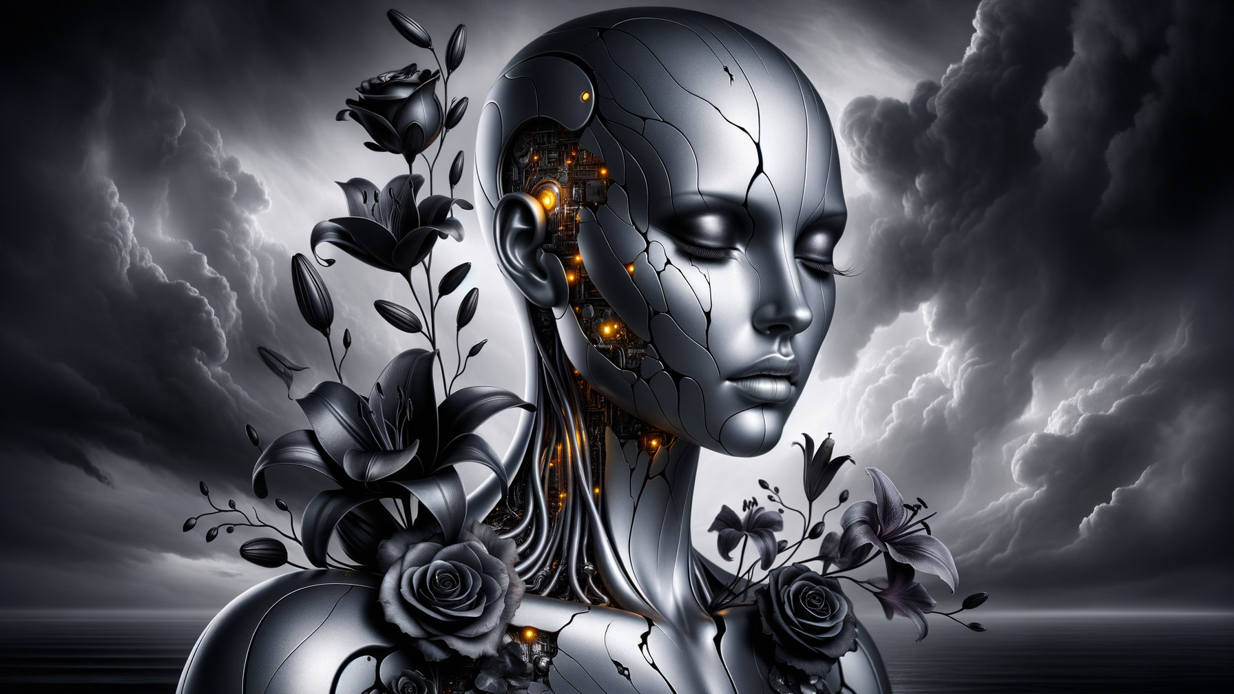 Futuristic Humanoid Figure with Dark Floral Surroundings