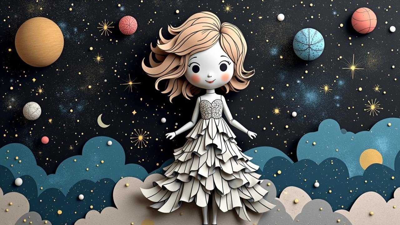 Whimsical Paper-Cut Illustration of a Playful Girl
