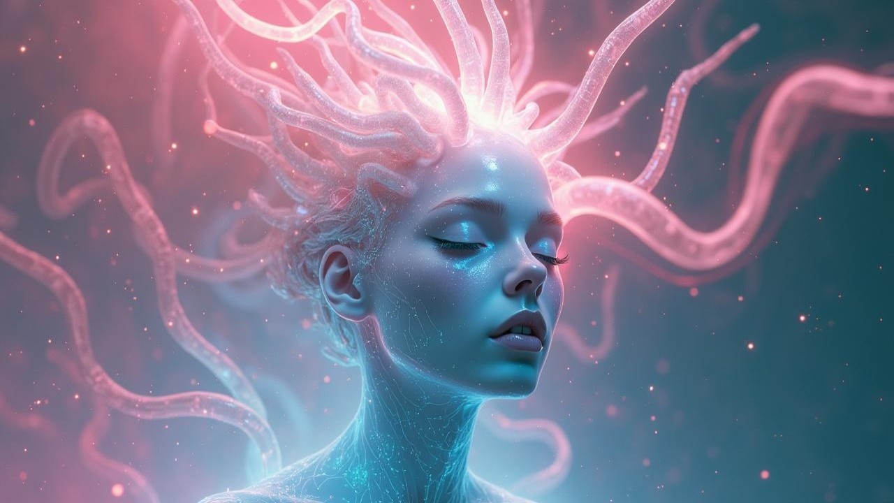Luminous Figure with Ethereal Tendrils and Patterns