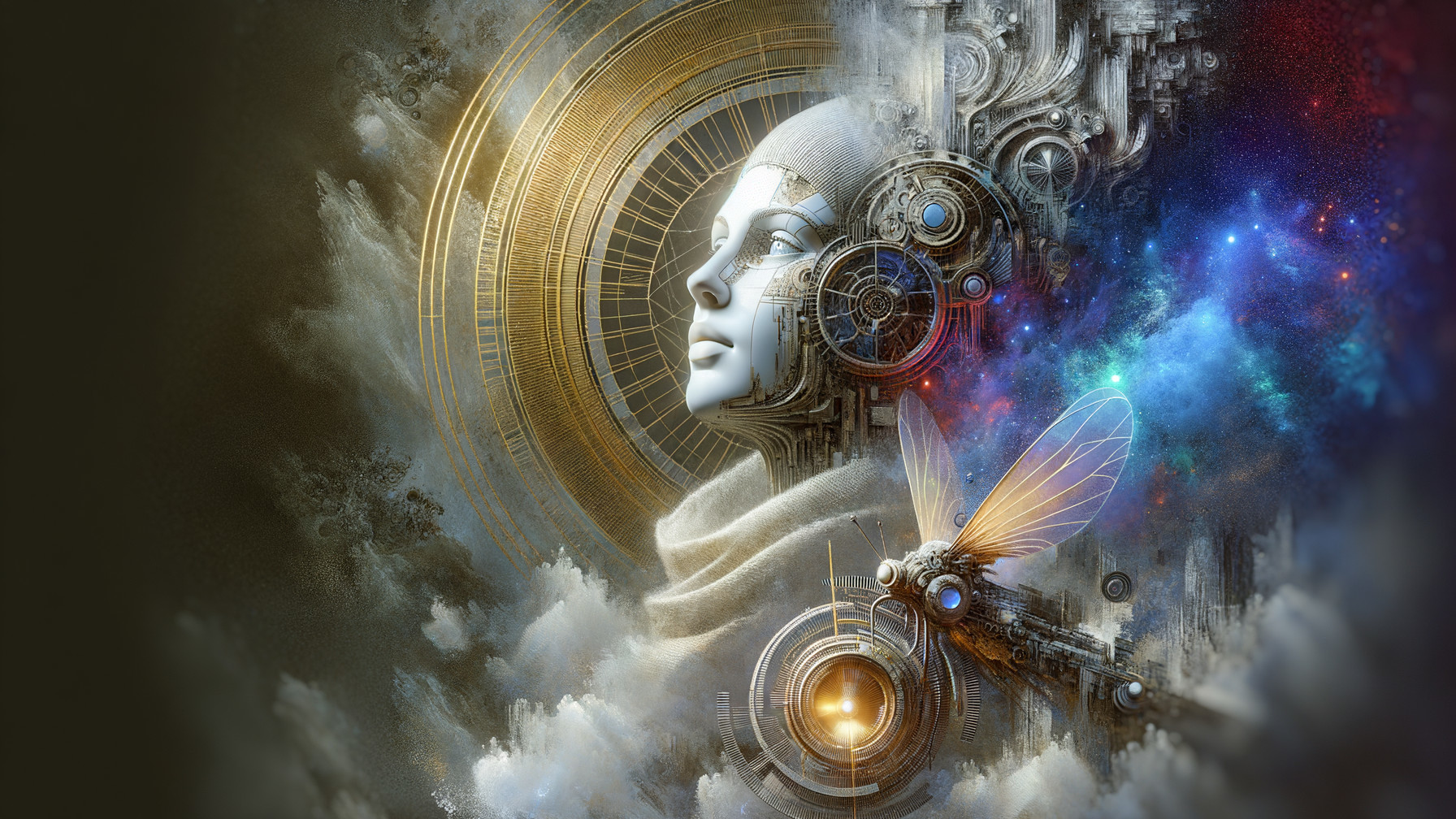 Futuristic Figure with Cosmic Elements and Butterfly