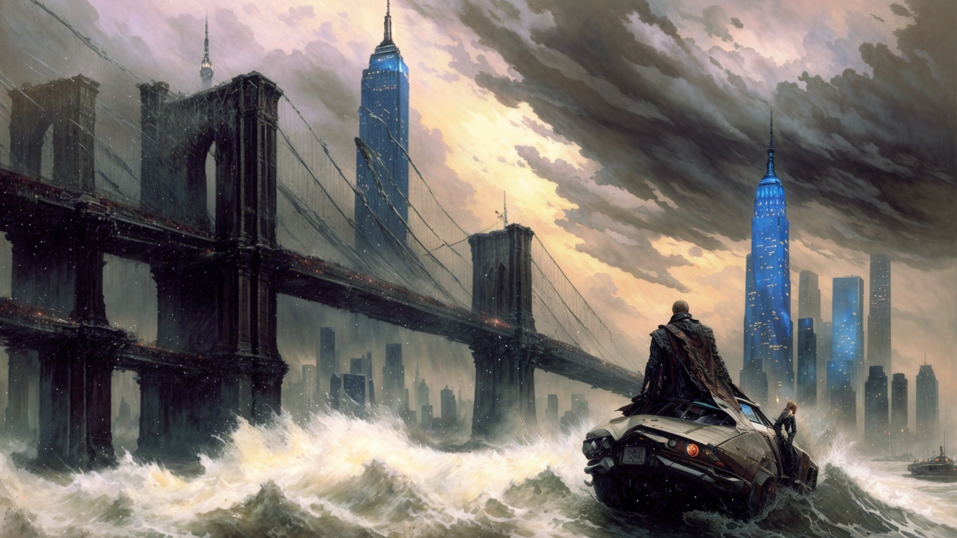Dramatic Urban Landscape with Vintage Car and Stormy Sky