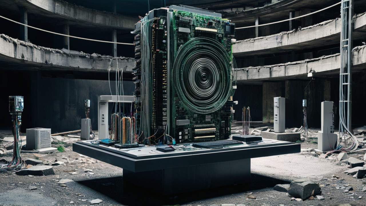 Abandoned Building with Towering Computer Structure