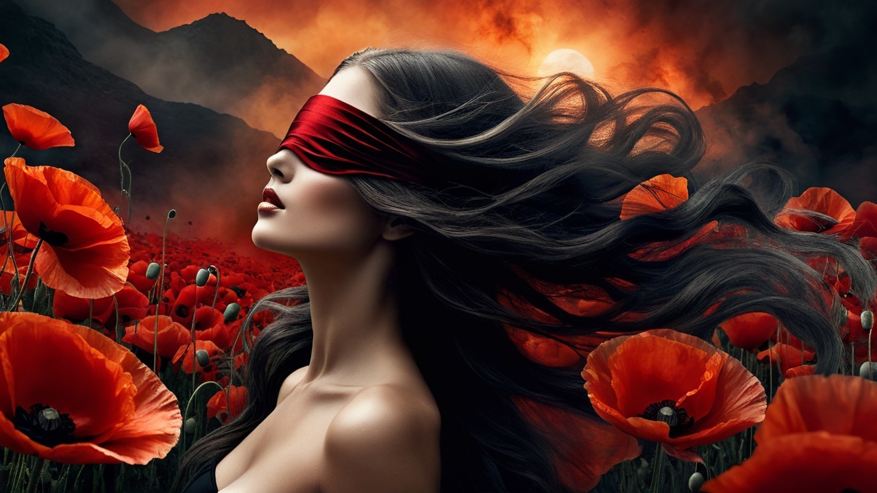 Blindfolded Woman in Poppy Field at Sunset