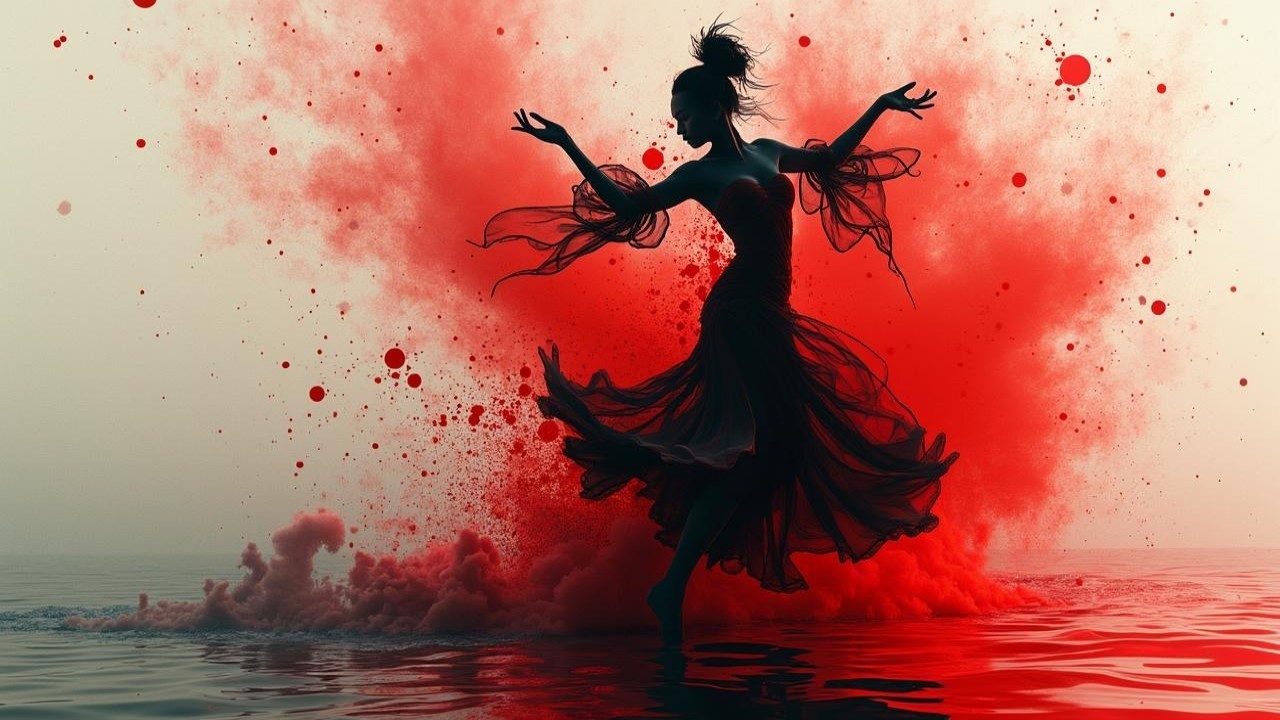 Silhouette of a dancer with vibrant red backdrop