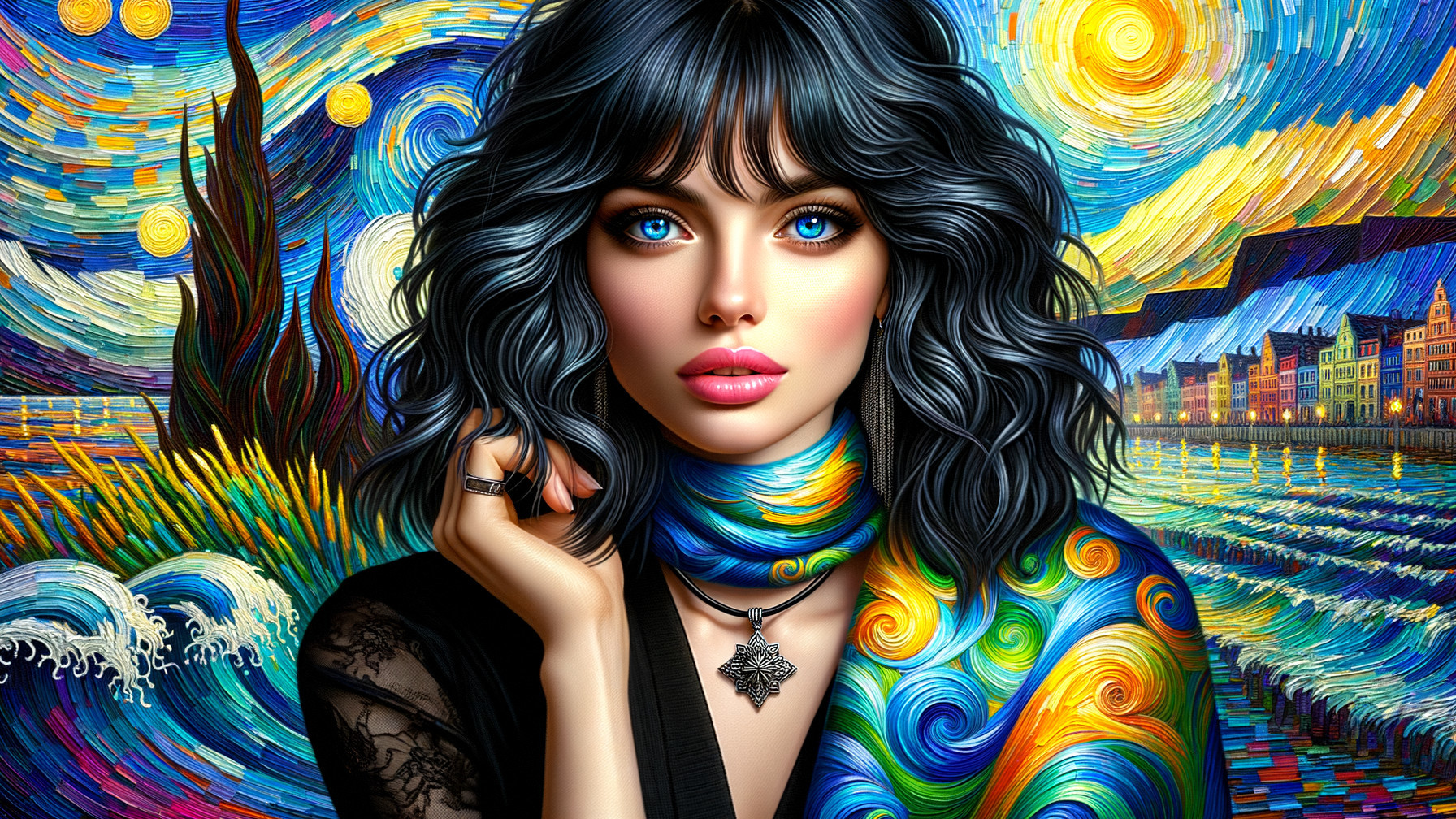 Portrait of a woman with blue eyes and black hair
