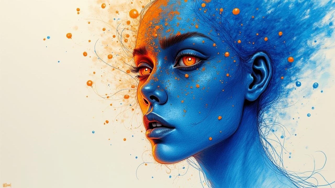 Portrait of a Woman with Blue Skin and Orange Accents