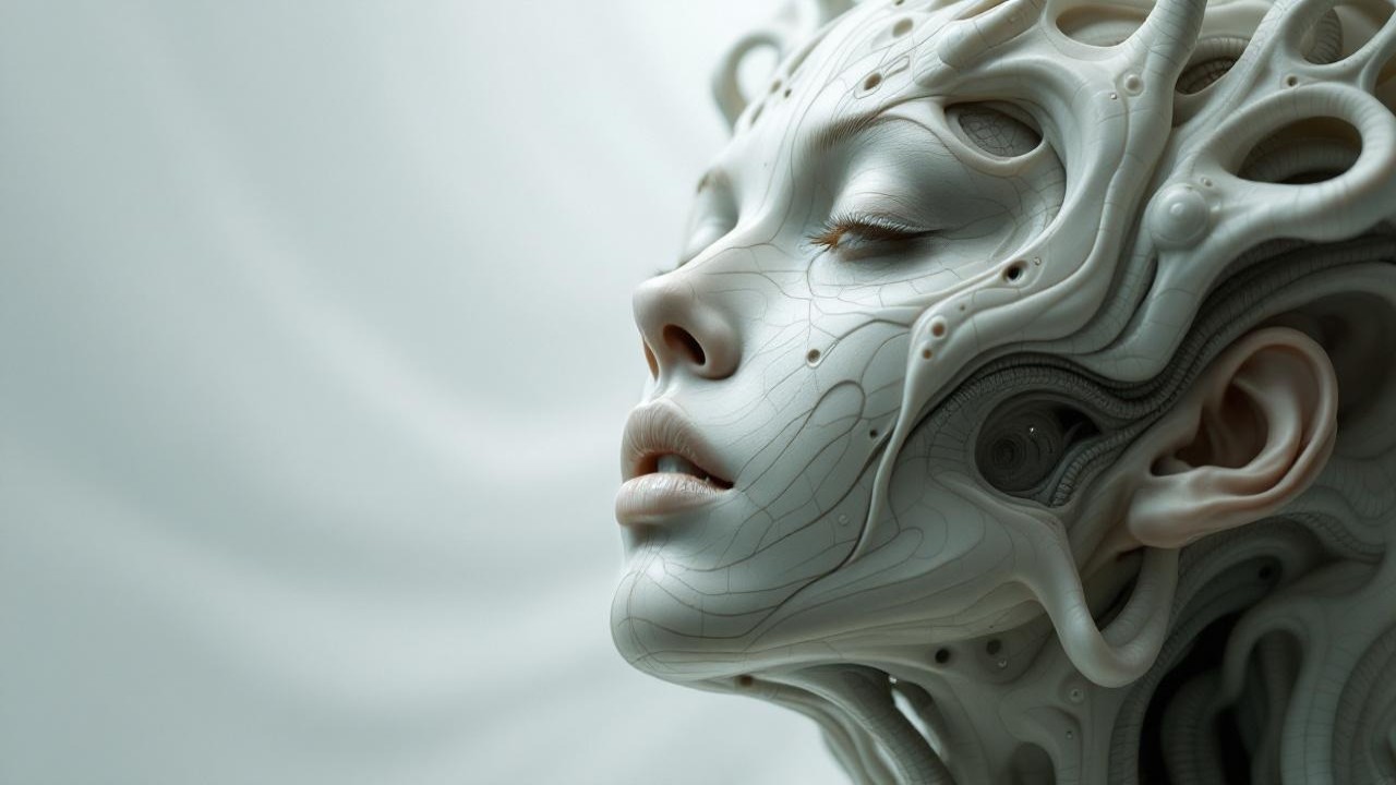 Surreal Futuristic Humanoid Figure with Organic Textures