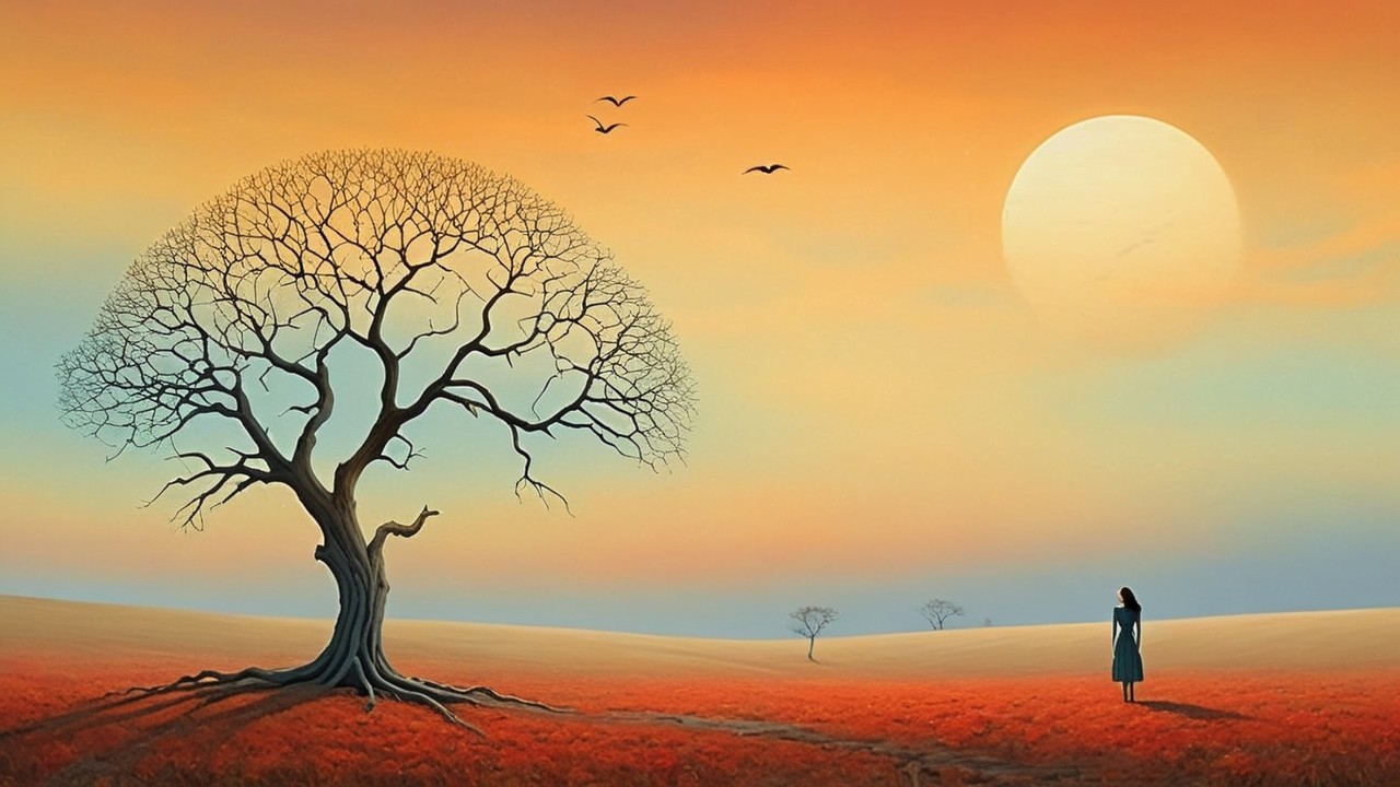 Solitary Figure in Sunset Landscape with Trees