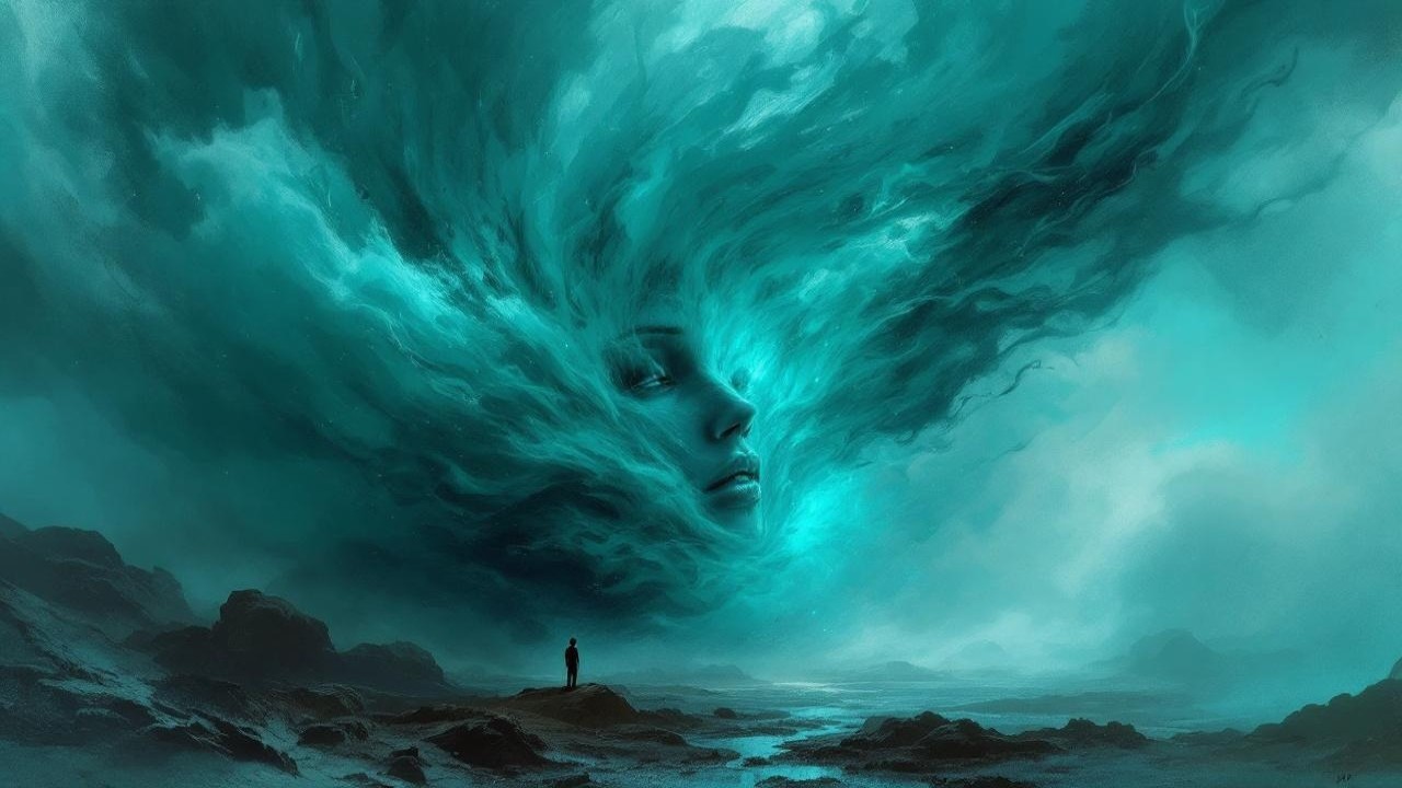 Surreal Landscape with Ethereal Face in Turbulent Sky