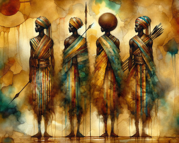 Figures in Colorful Fabrics Against Abstract Background