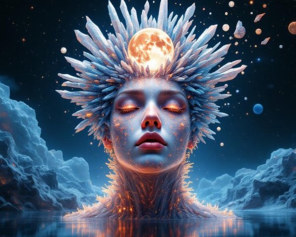 Serene Female Figure with Crystal Crown and Moonlight