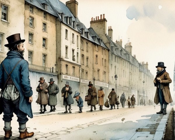 Historical street scene with cobblestone paths and buildings