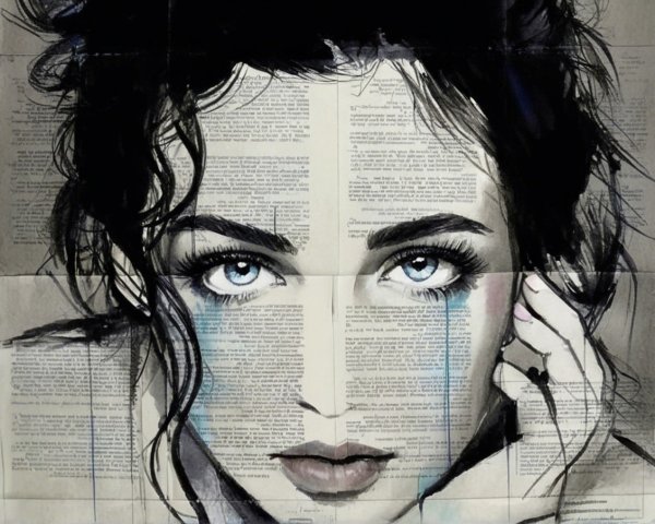 Portrait of a Woman with Blue Eyes and Newspaper Background