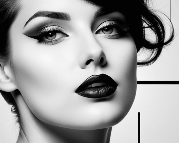 Black and white portrait of a woman with bold makeup