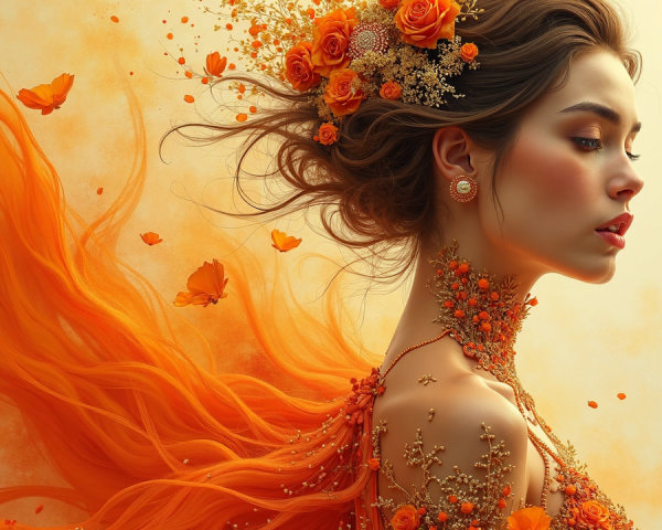 Woman with Orange Hair, Flowers, and Butterflies