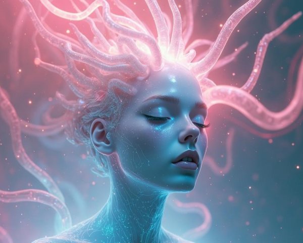 Luminous Figure with Ethereal Tendrils and Patterns