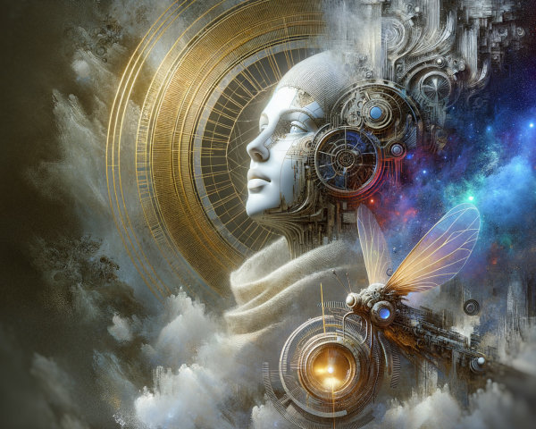 Futuristic Figure with Cosmic Elements and Butterfly
