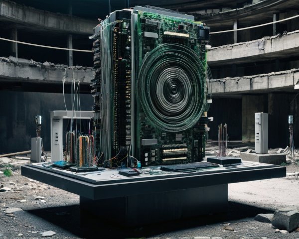 Abandoned Building with Towering Computer Structure