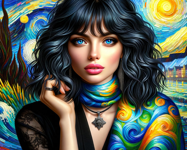 Portrait of a woman with blue eyes and black hair