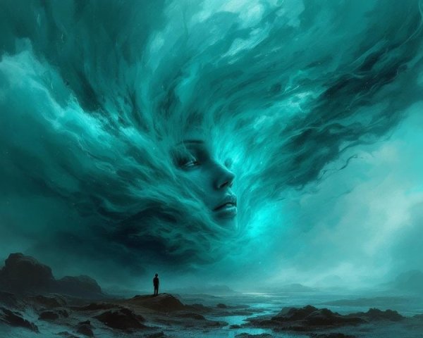 Surreal Landscape with Ethereal Face in Turbulent Sky