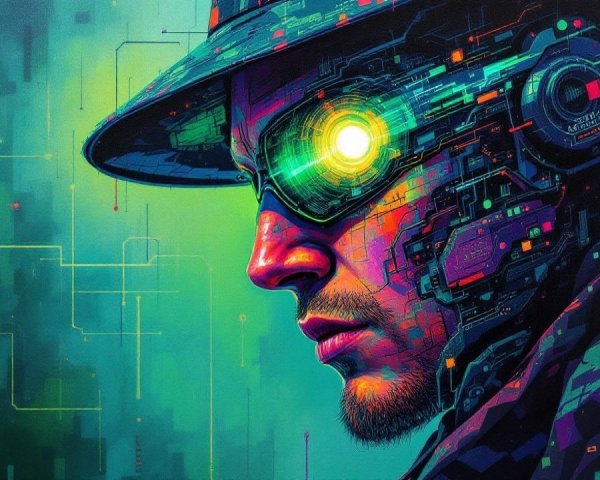 Futuristic Cybernetic Figure with Digital Background