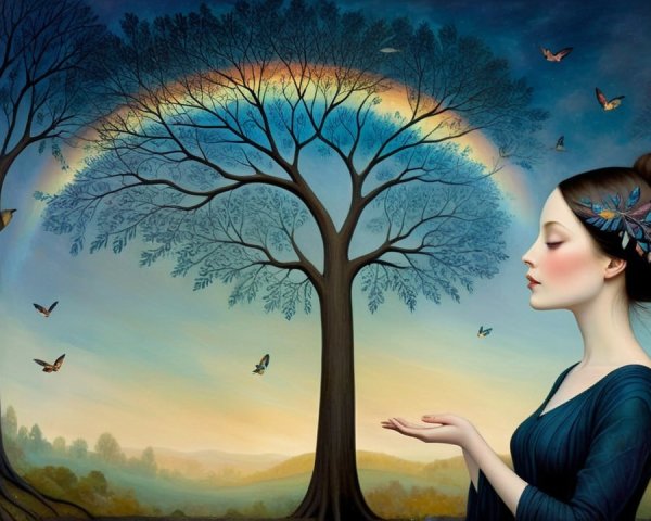 Serene Woman in Nature with Sunset and Butterflies