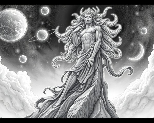 Monochromatic Scene of Ethereal Figure and Celestial Elements