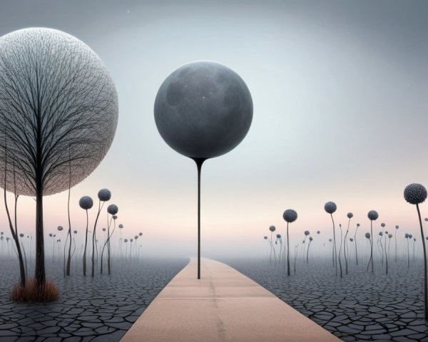 Surreal Landscape with Leafless Trees and Spherical Forms