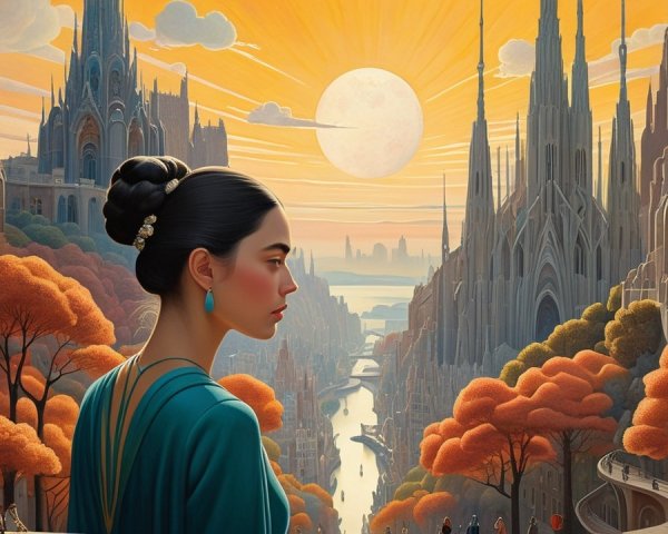 Serene Woman Overlooking Sunset Landscape with Spires