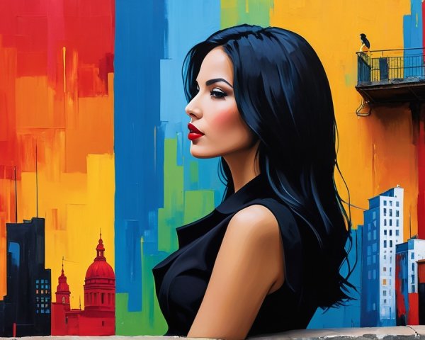 Profile of Woman Against Colorful Urban Mural