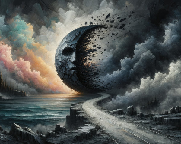 Surreal Landscape with Fragmented Moon and Ocean